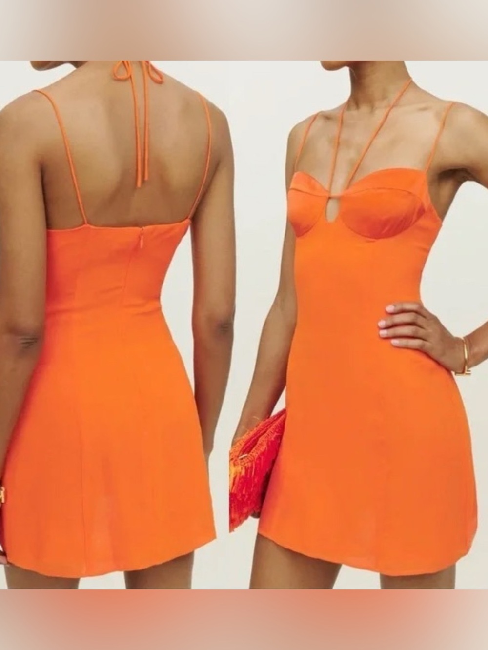 Reformation ocean orange silk trim mini dress